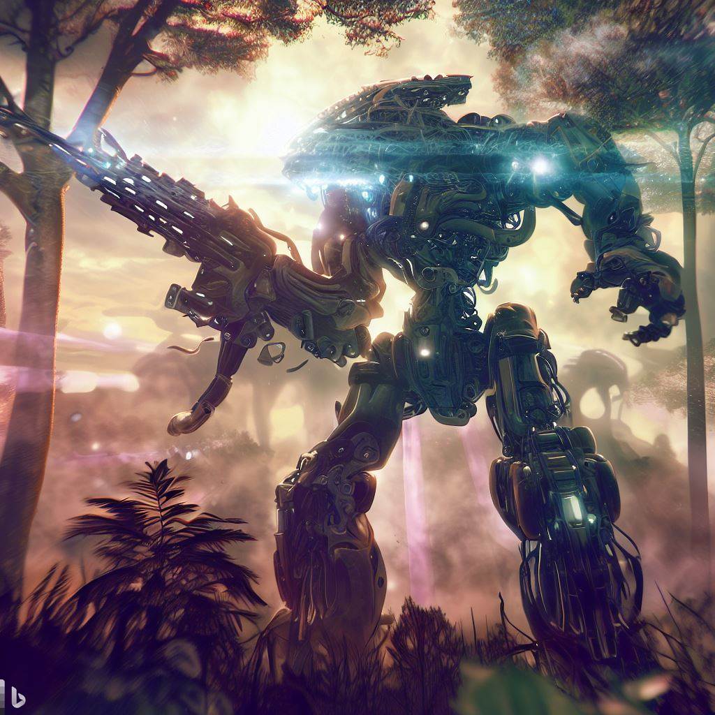 future mech dinosaur with guns fighting in tall forest, wildlife in foreground, surreal clouds, bloom, lens flare, glass body, h.r. giger style 5.jpg